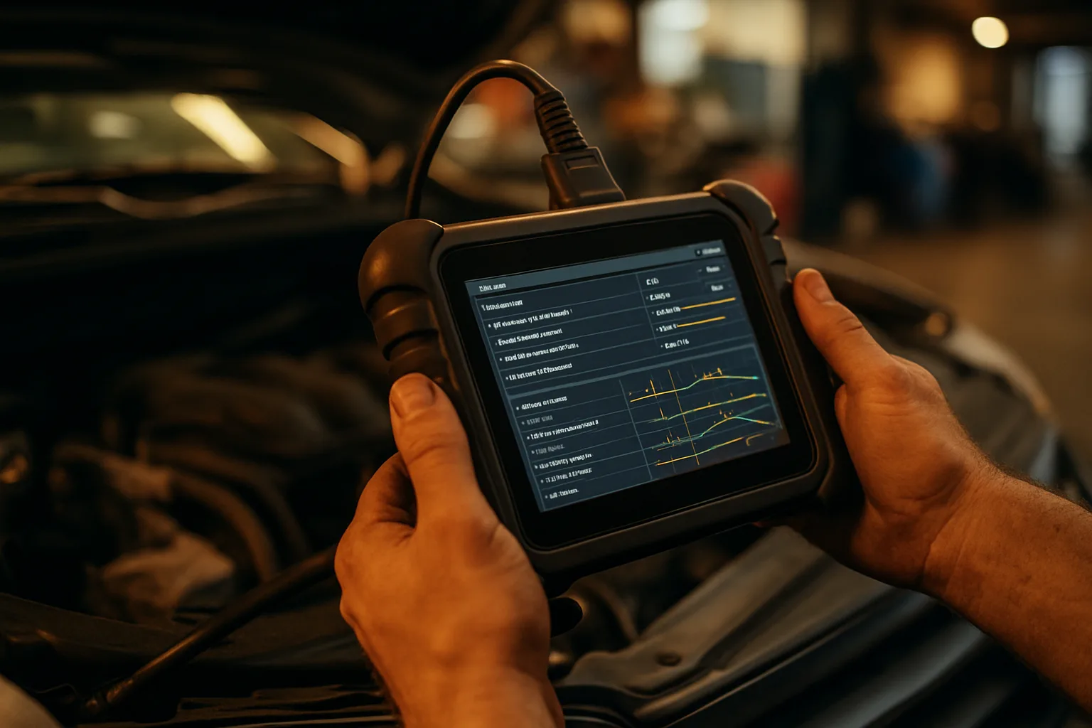 Engine diagnostic scanner displaying codes during vehicle testing